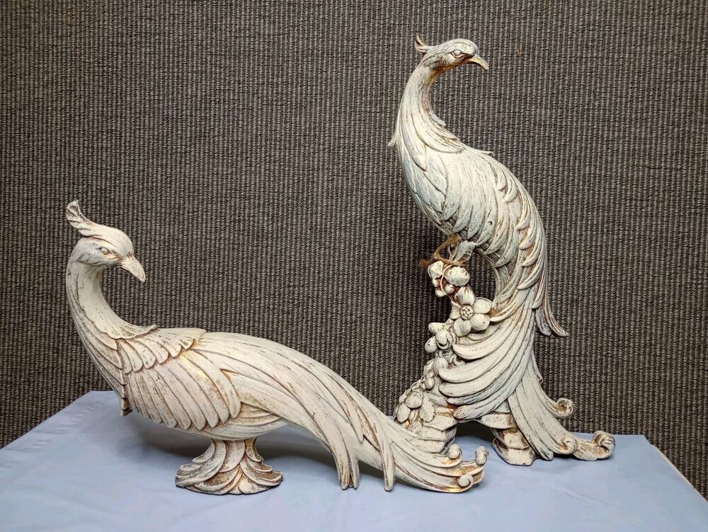 2-VIntage MCM Syroco Ceramic Peacock Pheasant Sculptures